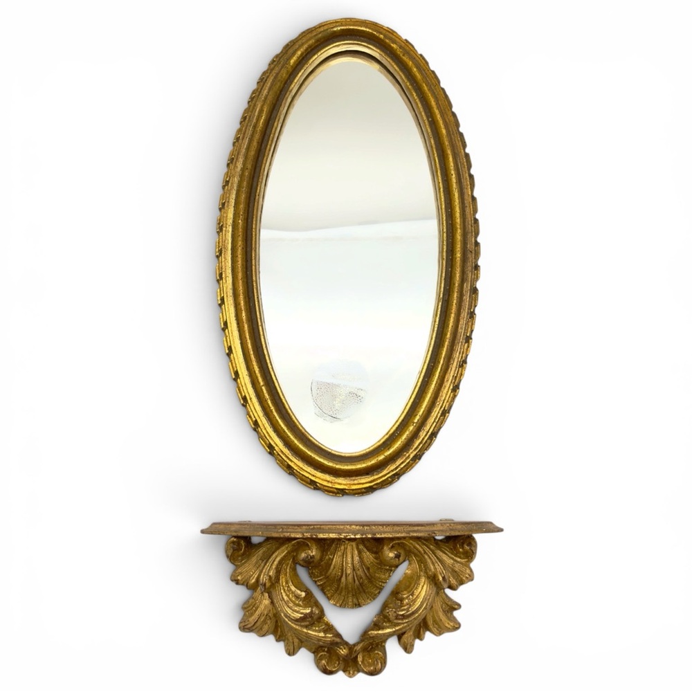 Vtg Hollywood Regency Gilt Oval Mirror And Florentine Wall Shelf MCM Entryway